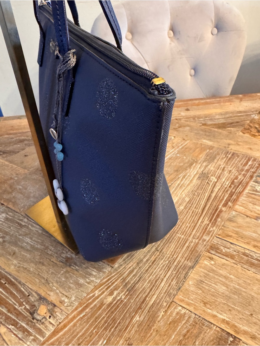 kate spade navy glitter polka dot tote with floral charm - Picture 9 of 16